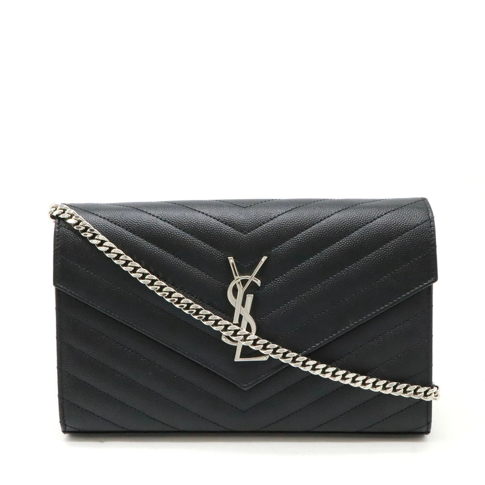 SAINT LAURENT PARIS YSL Yves Monogram Chain Wallet Shoulder Bag Leather Black